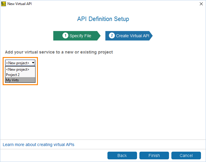 Service virtualization and API testing: Select a project for new virtual service