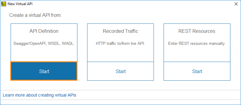 Service virtualization and API testing: Creating a new virtual API from definition file