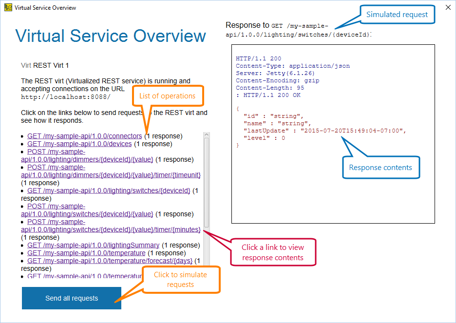 Service virtualization and API testing: The Virtual Service Overview window