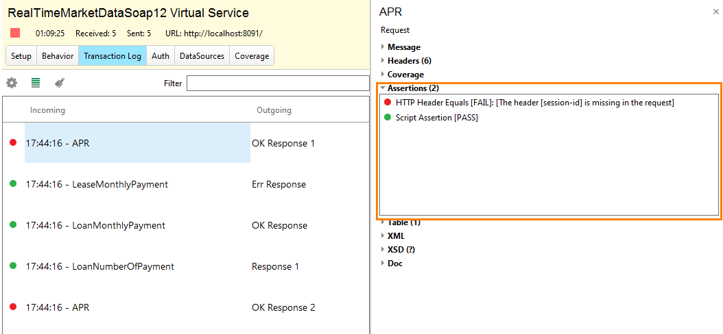 Service virtualization and API testing: Assertions in the Transaction log