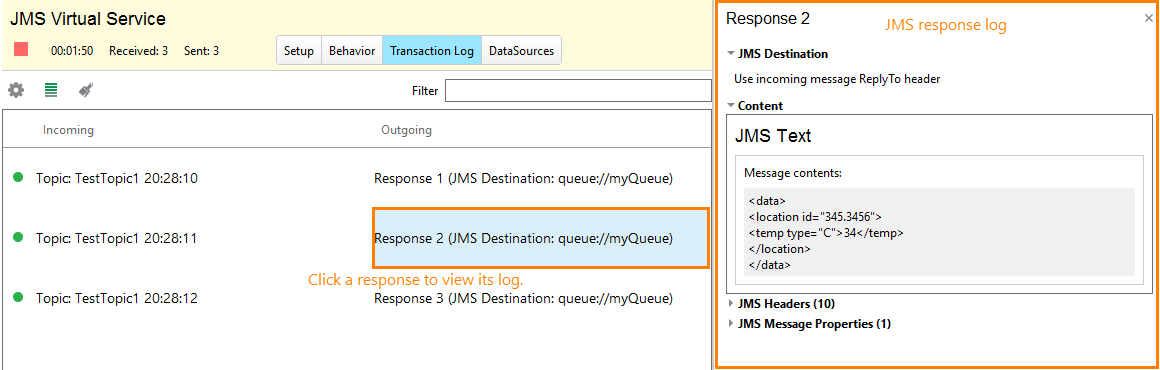 Service virtualization and API testing: JMS response log
