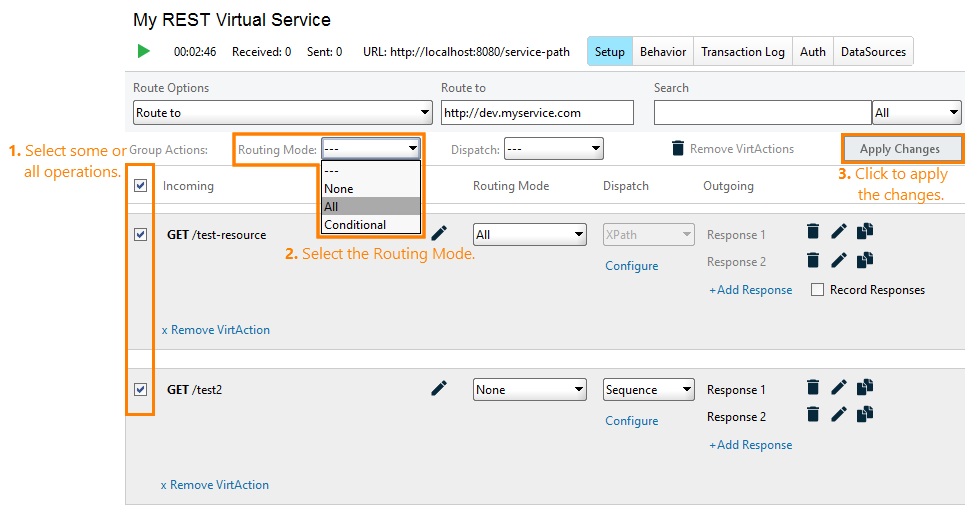 Servie virtualization and API testing: Setting routing options for multiple operations
