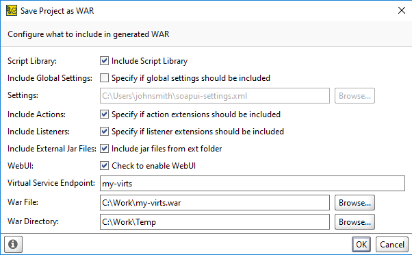 Service virtualization and API testing: Save Project as WAR dialog