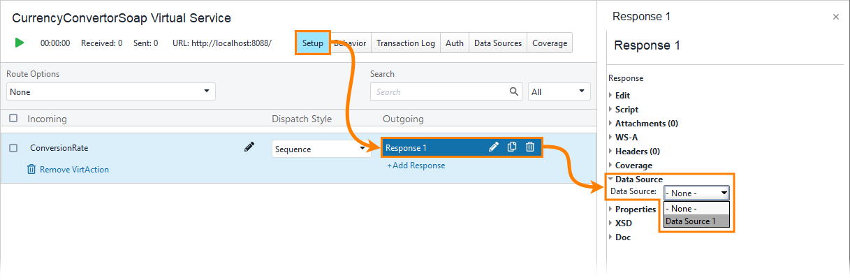 Service virtualization and API testing: Select a data source for a response