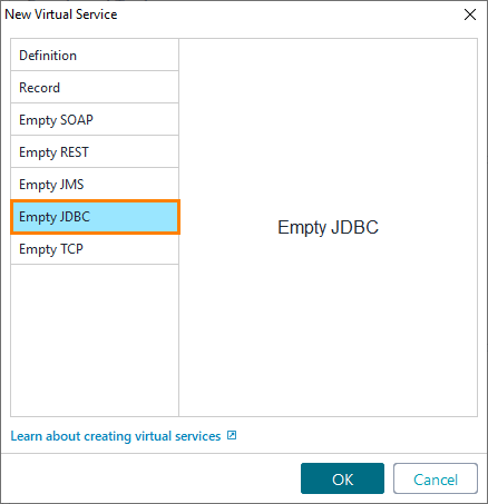 JDBC service virtualization and database testing: Create empty JDBC virtual service