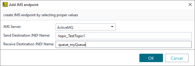 JMS service virtualization and API testing: Add JMS Endpoint dialog