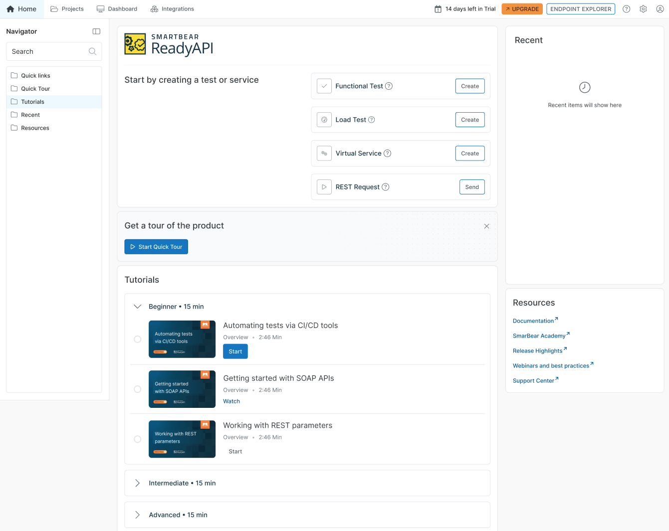 ReadyAPI Get Started window showing options to begin testing, explore tutorials, view recent projects, and access resources via the navigator.