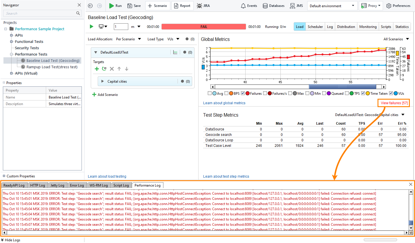 Load testing: view test errors