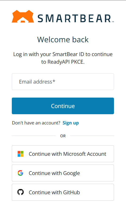 Login screen prompting user to sign in with SmartBear ID or via Microsoft, Google, or GitHub to continue to ReadyAPI.