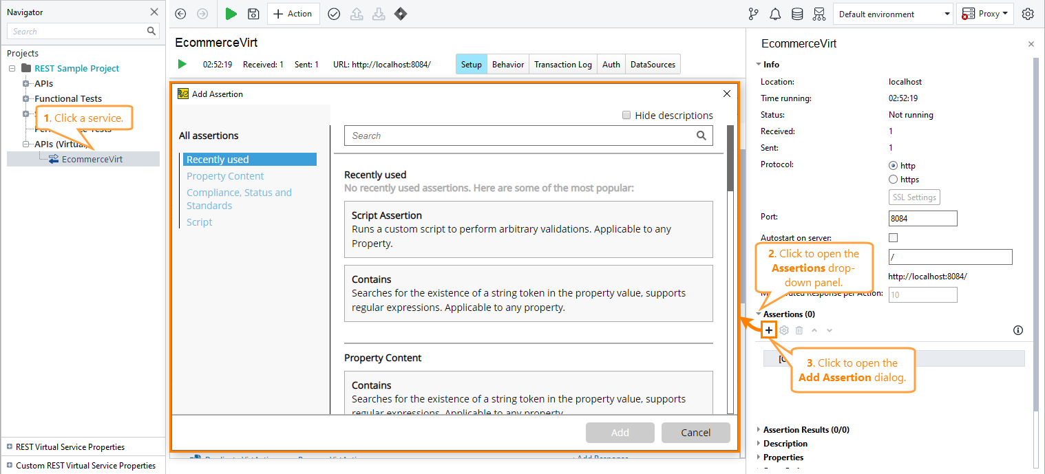 Virtual service: The Assertions panel