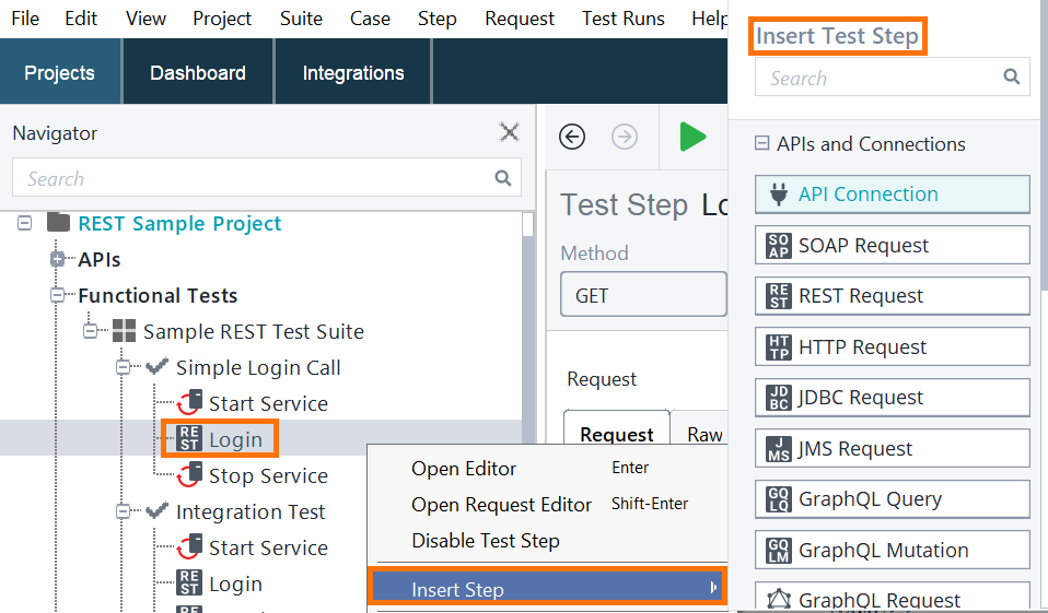 Screenshot of ReadyAPI showing how to insert a test step in the middle of a test case using the right-click context menu.