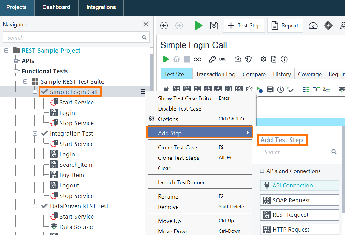 Screenshot of ReadyAPI showing how to add a test step at the end of a test case using the right-click context menu.