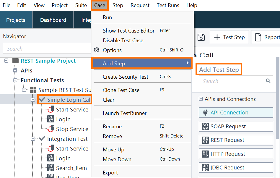 Screenshot of ReadyAPI showing how to insert a test step in the middle of a test case using the Step > Insert Step menu option.