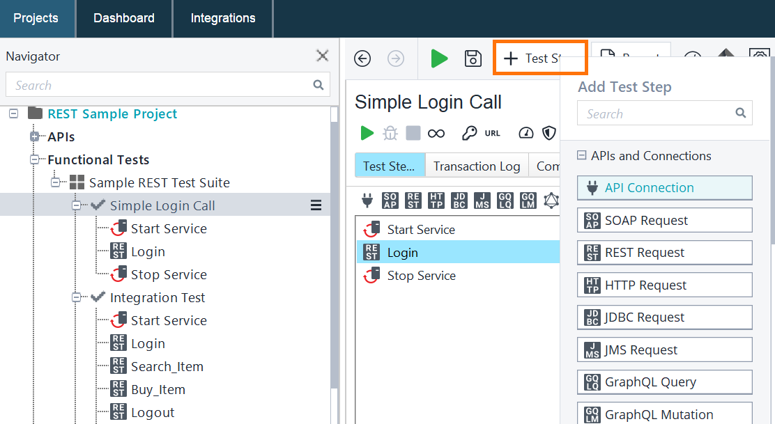 Screenshot of ReadyAPI showing how to add a test step using + Test Step.