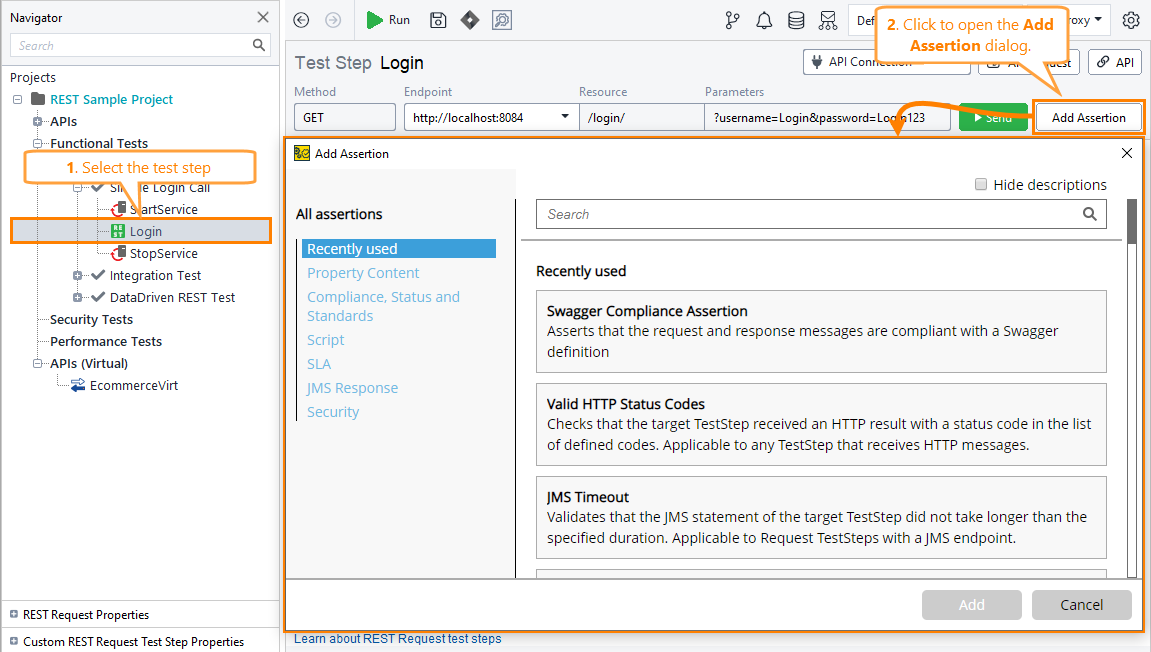 Functional test: The Assertions panel