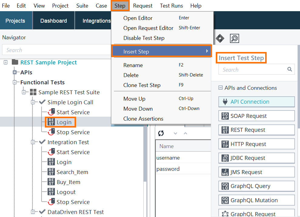 Screenshot of ReadyAPI showing how to insert a test step in the middle of a test case using the Step > Insert Step menu option.