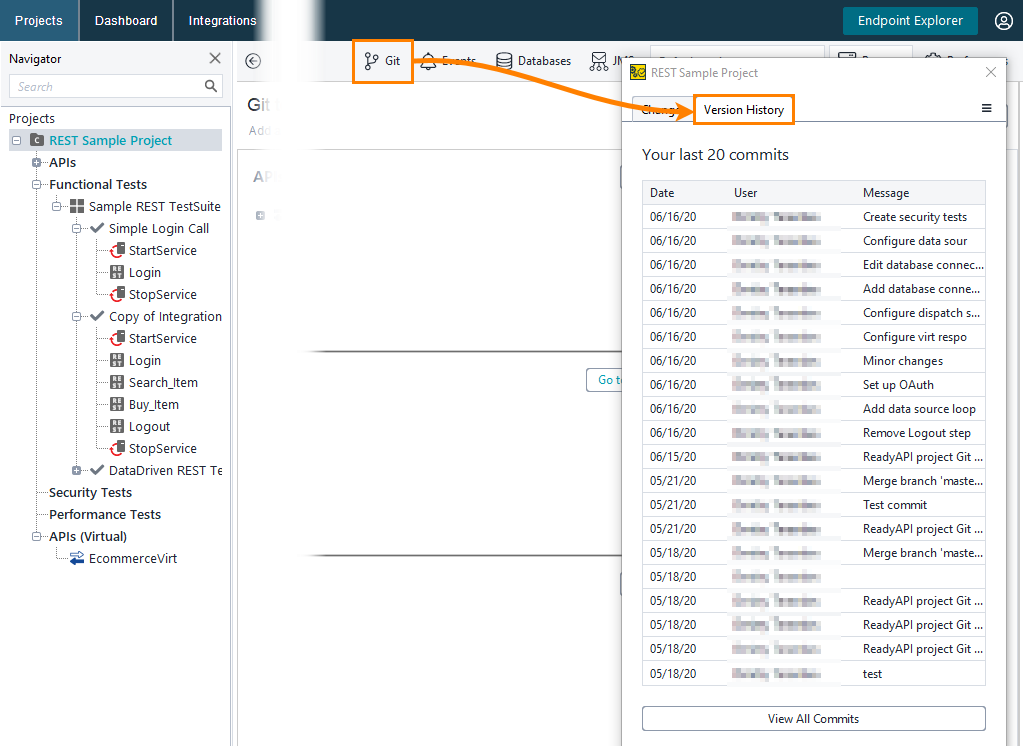 View commit history Git integration in ReadyAPI: View commit history
