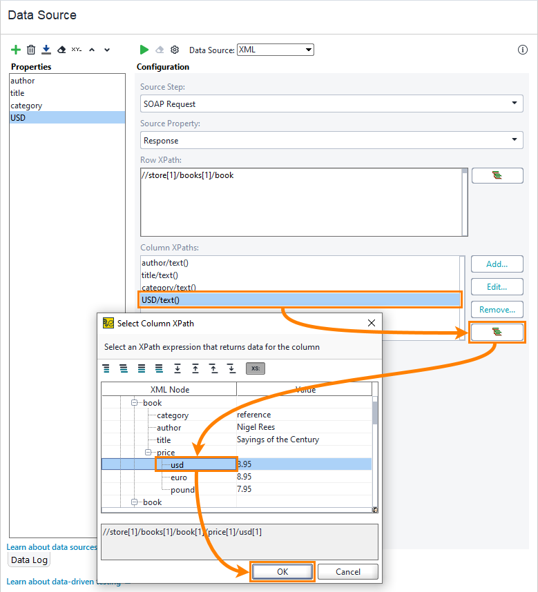 Configuring XML data source: Specify Column XPath