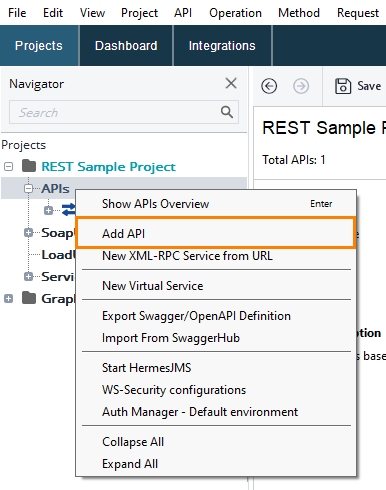 API testing: Add APIs menu item