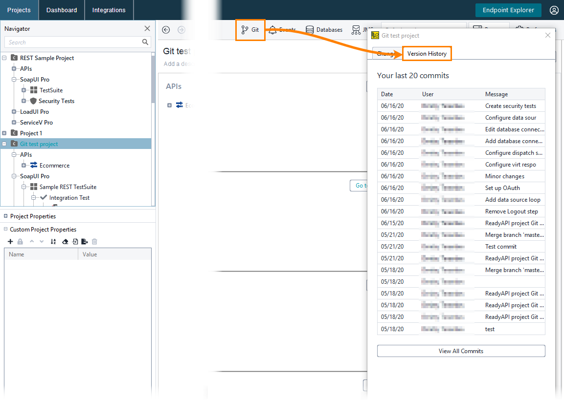 View commit history Git integration in ReadyAPI: View commit history