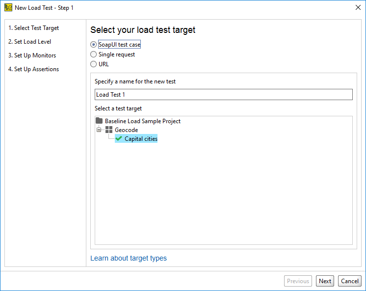 API load testing with ReadyAPI: Creating a load test from Template: Select Test Target