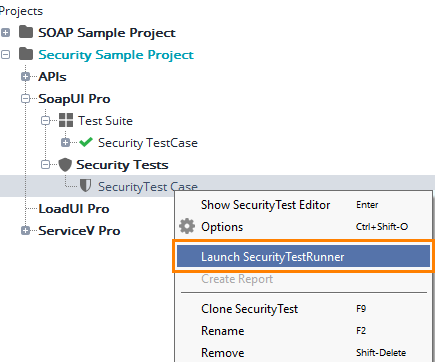 Launching the security test runner from the context menu