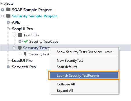 Launching the security test runner from the context menu of the Security Tests node