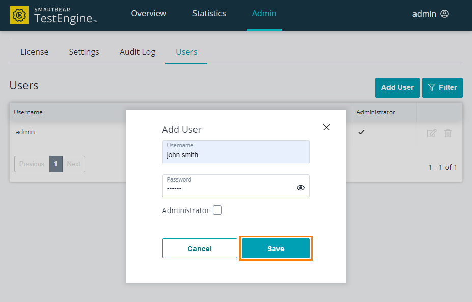 Saving a user Administrating TestEngine: Saving a user