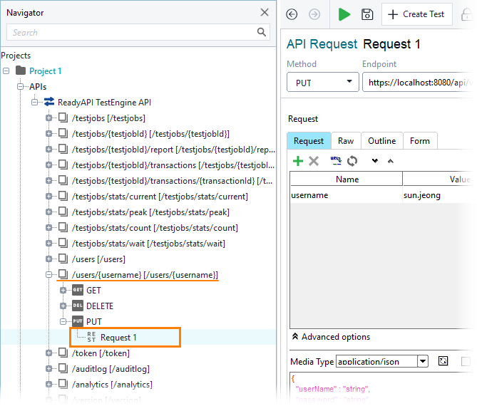 Selecting the request Managing TestEngine users via API: Selecting the PUT request