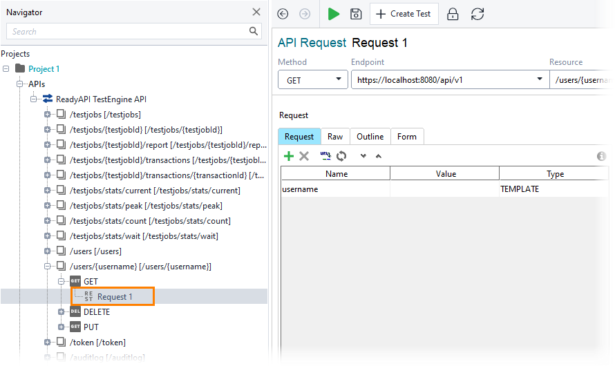 Selecting the request Managing TestEngine users via API: Selecting the PUT request