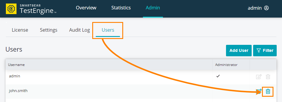 Removing a user Administrating TestEngine: Removing a user