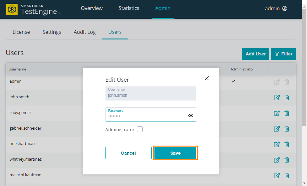 Saving the edited user Administrating TestEngine: Saving an edited user