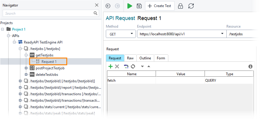 Select a request Get test job overview in ReadyAPI: Select a request