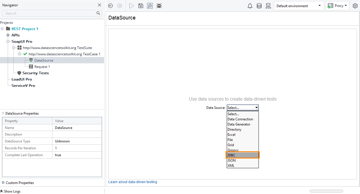 ReadyAPI: Selecting the data source type
