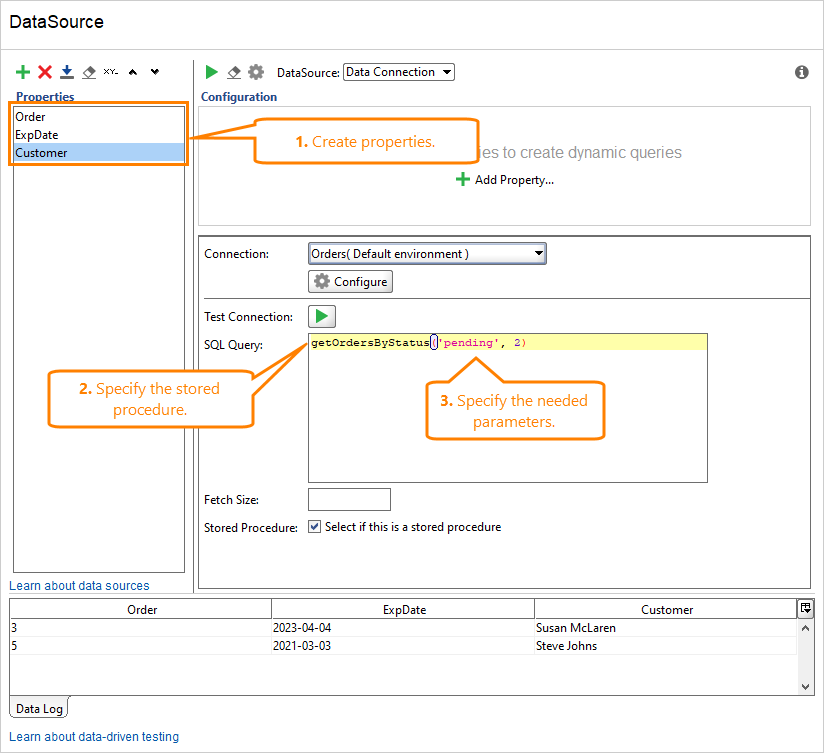 Example of using a stored procedure in the Data Connection data source