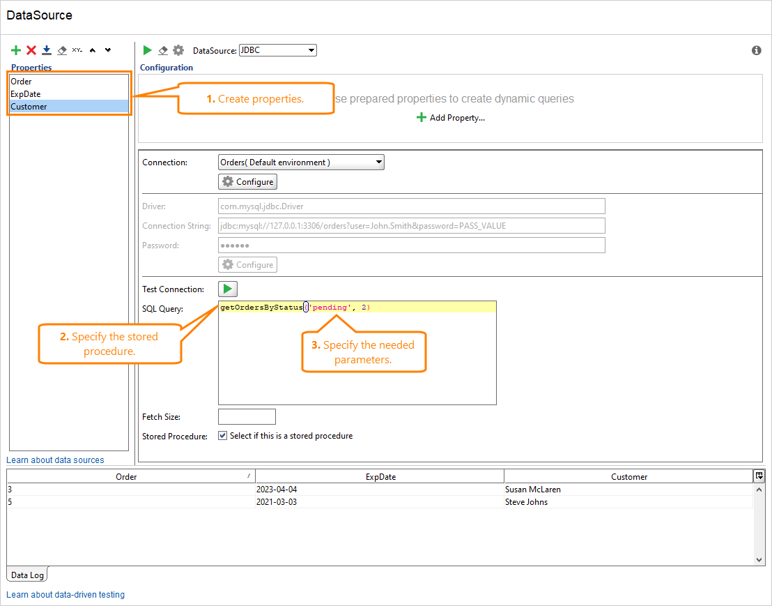 Example of using stored procedure in the JDBC data source