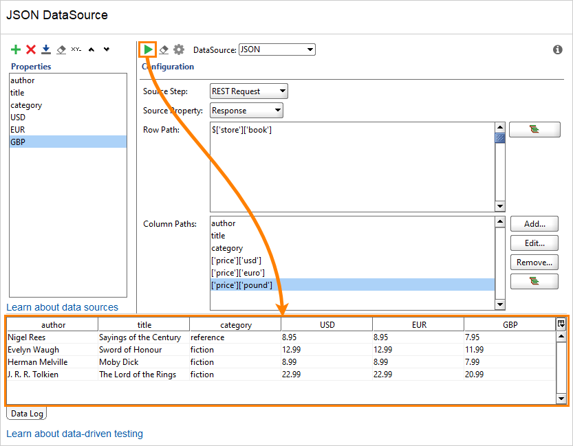 Configuring JSON data source: Run data source