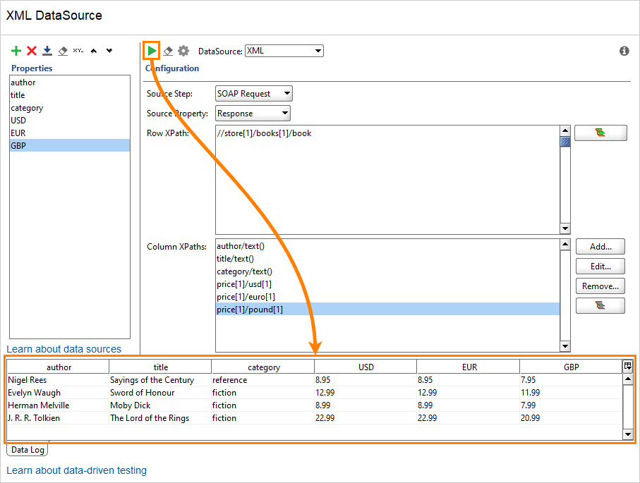 Configuring XML data source: Run data source