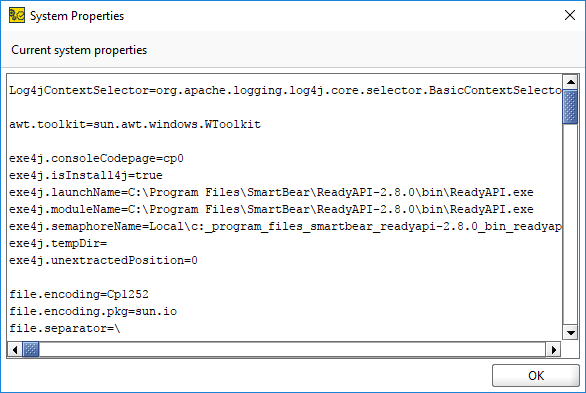 API testing with ReadyAPI: System Properties dialog