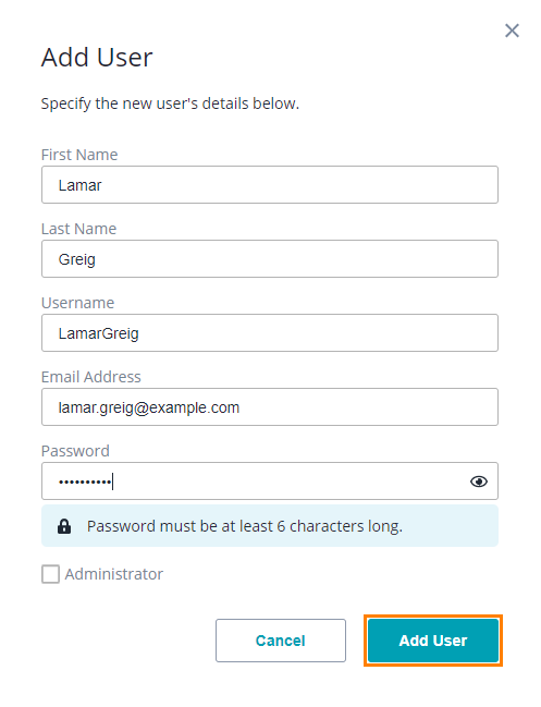 VirtServer Web UI: Add User dialog