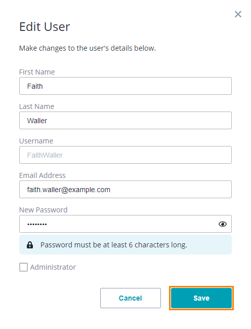 VirtServer Web UI: Edit User dialog