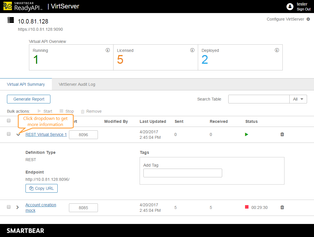 Virtual API Summary Page Organizing VirtServer virtual services: Virtual API Summary Page