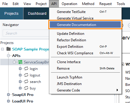 Generate the documentation from the API menu