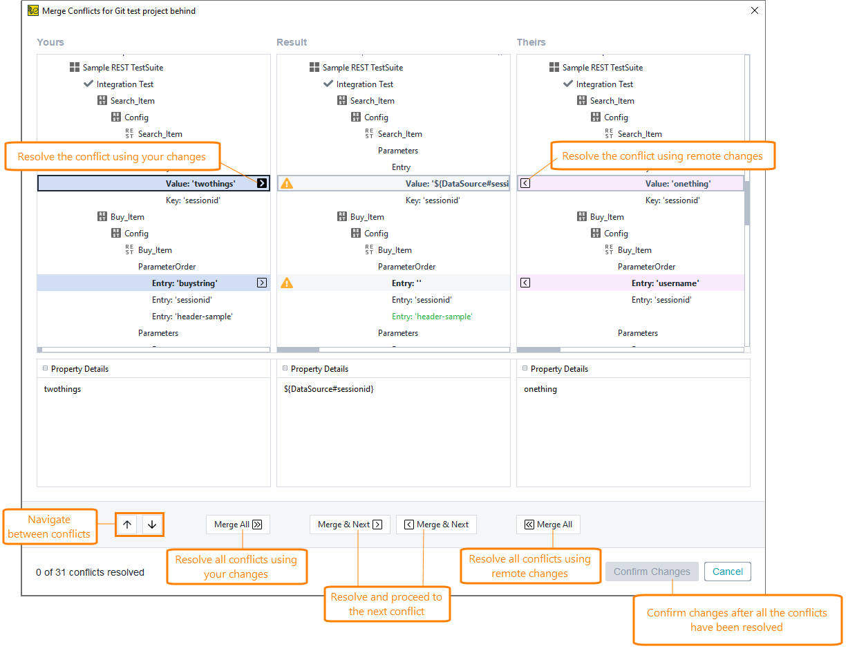 Merge Conflicts dialog Git integration in ReadyAPI: Merge Conflicts dialog