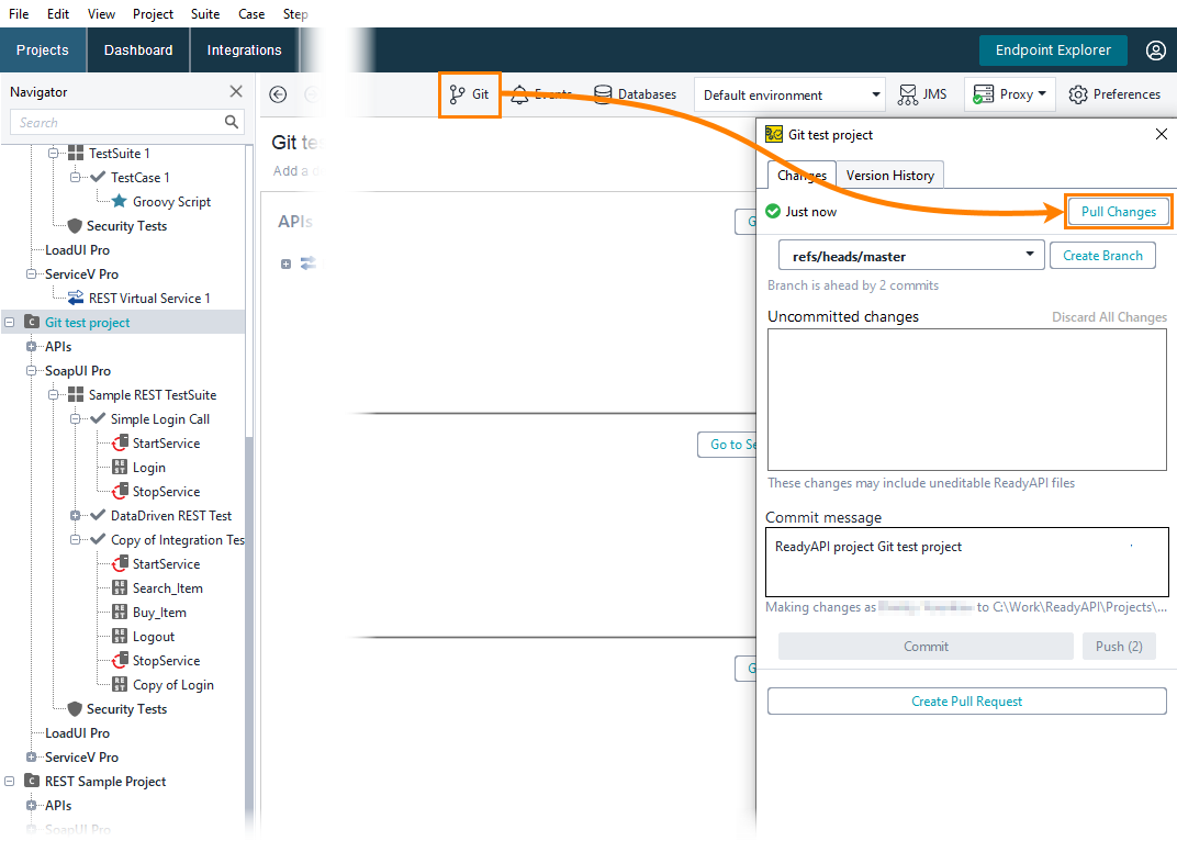 Pull changes in Git panel Git integration in ReadyAPI: Pull changes in Git panel