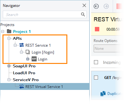 Service virtualization and API testing: Operations in the Navigator panel