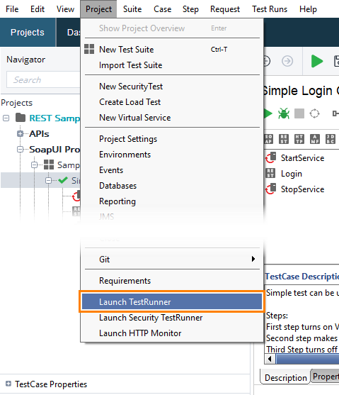 ReadyAPI: Launching the test runner from the Project menu
