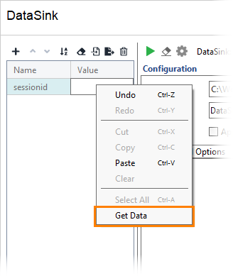 Excel DataSink Example: Property context menu