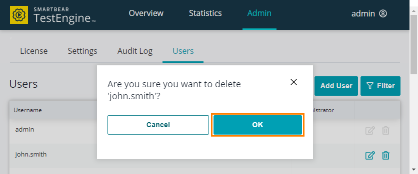 Confirm user deletion Administrating TestEngine: Confirm user deletion
