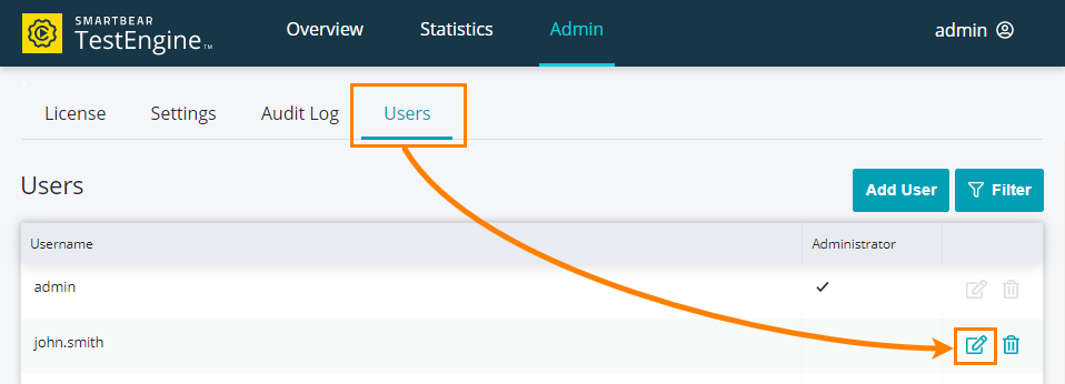 Editing a user Administrating TestEngine: Editing a user